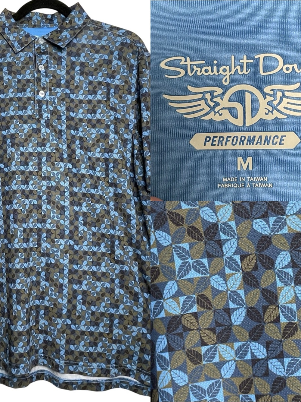 Straight Down Polo Shirt Mens Golf Performance Blue Brown Leaf Stretch Sz M